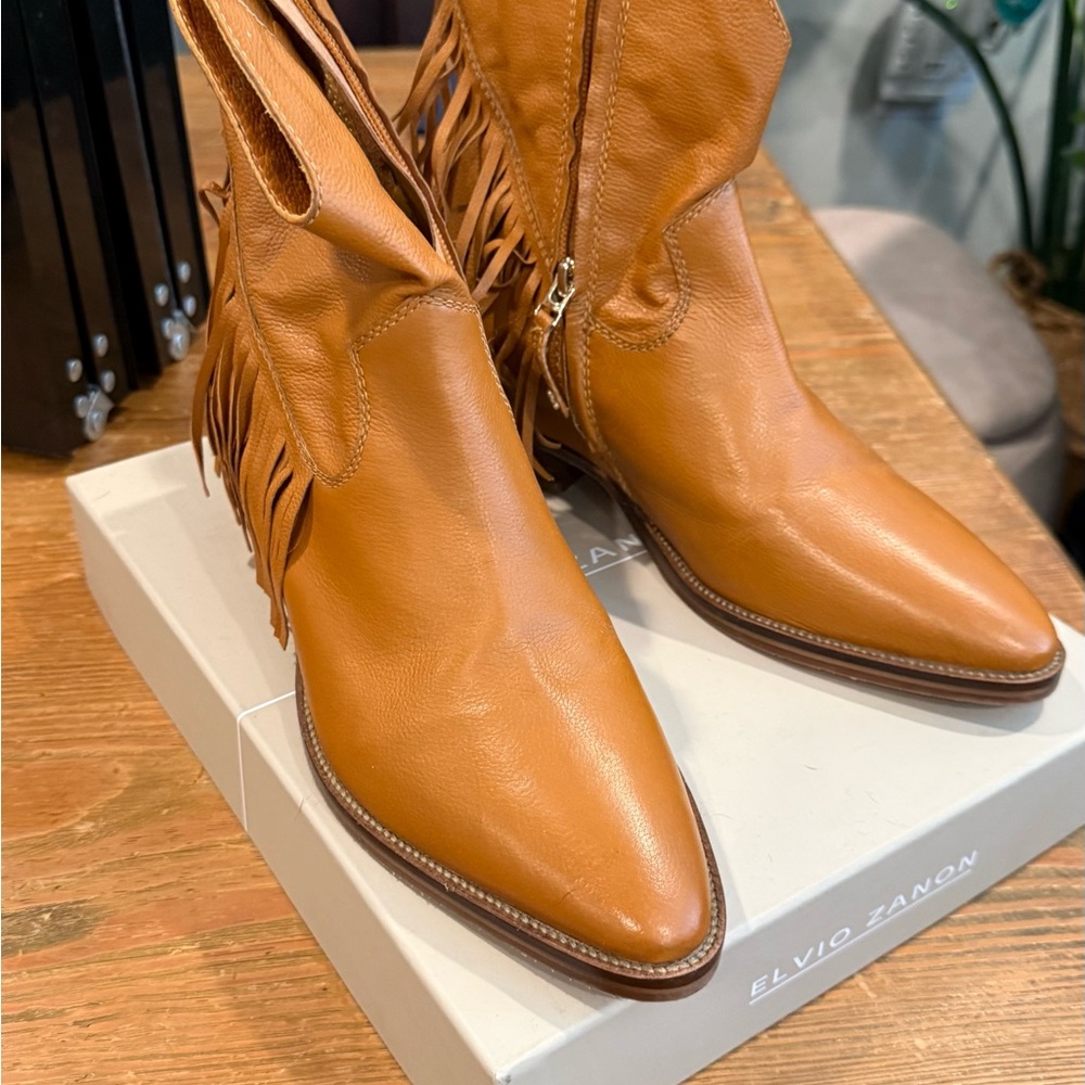 Tan Fringe Heeled Boots